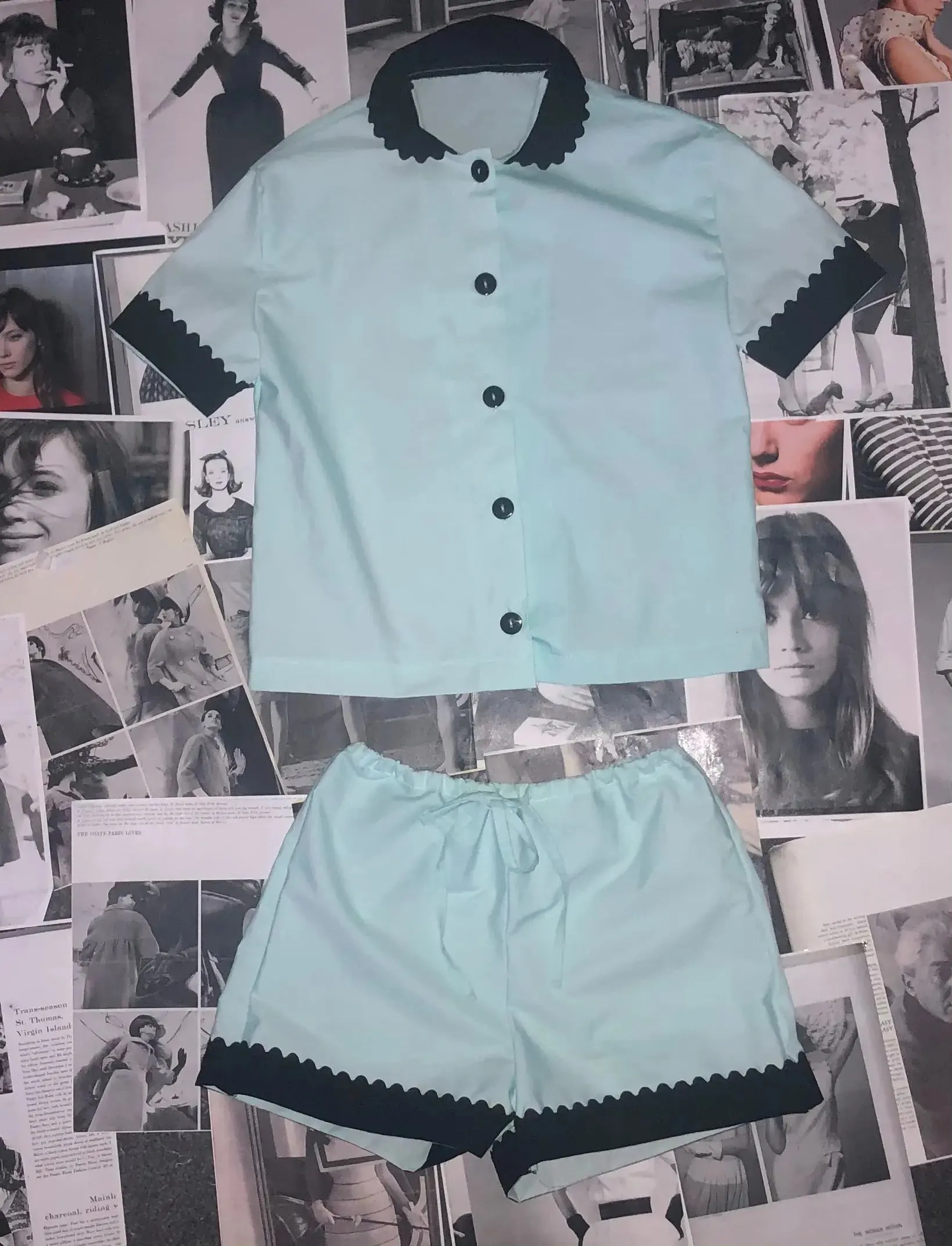 100% Cotton Poplin Pyjamas in Mint With Black Contrasting Collar and Cuffs With Ric Rac Trim