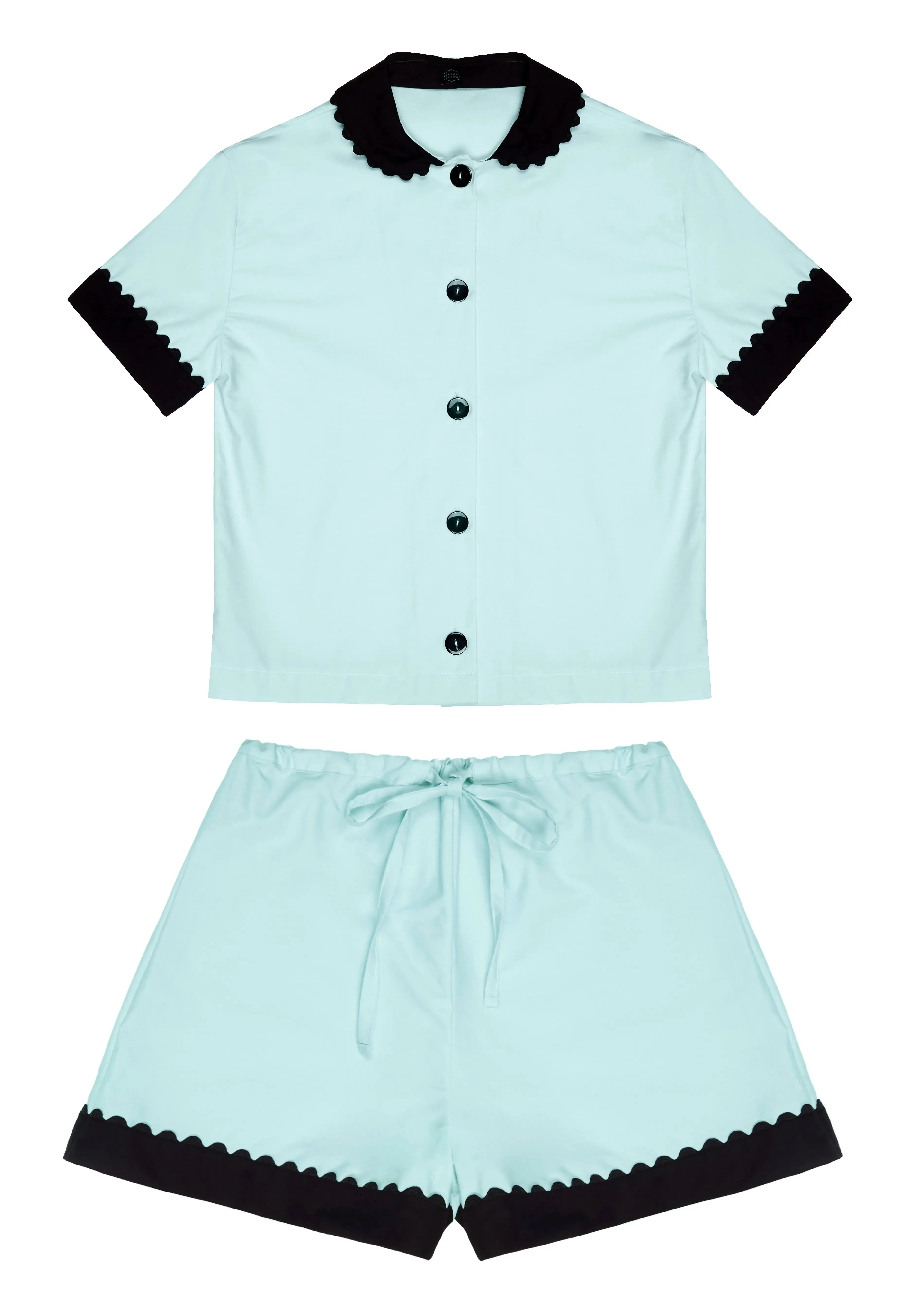 100% Cotton Poplin Pyjamas in Mint With Black Contrasting Collar and Cuffs With Ric Rac Trim