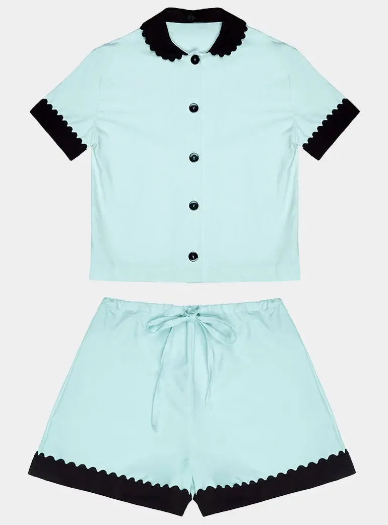 100% Cotton Poplin Pyjamas in Mint With Black Contrasting Collar and Cuffs With Ric Rac Trim