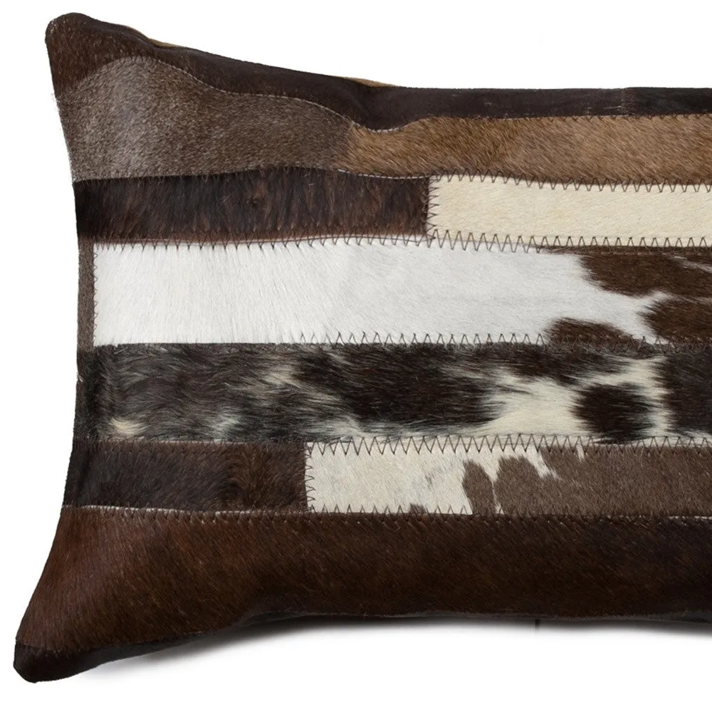 12" X 20" Brown Black and White Abstract Stripes Cowhide Cowhide Throw Pillow