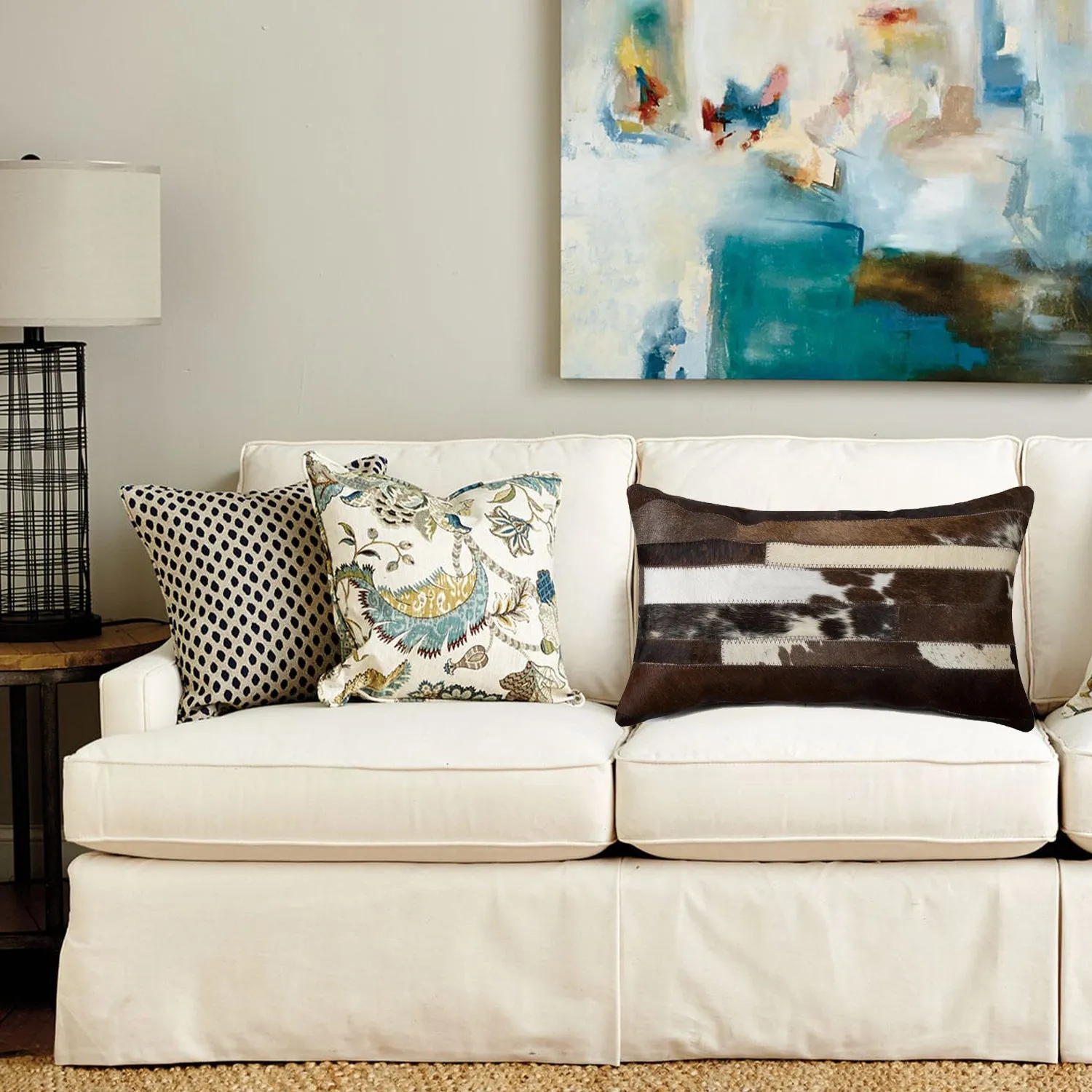 12" X 20" Brown Black and White Abstract Stripes Cowhide Cowhide Throw Pillow