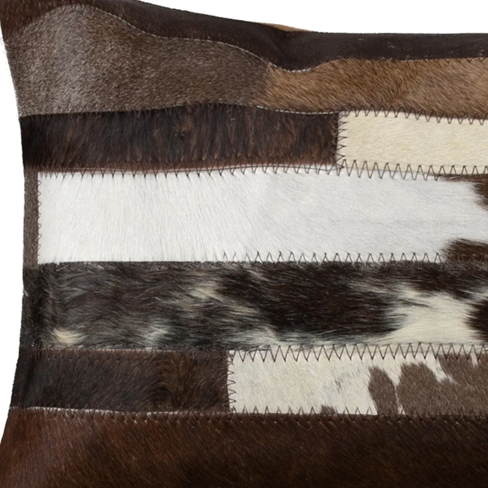 12" X 20" Brown Black and White Abstract Stripes Cowhide Cowhide Throw Pillow