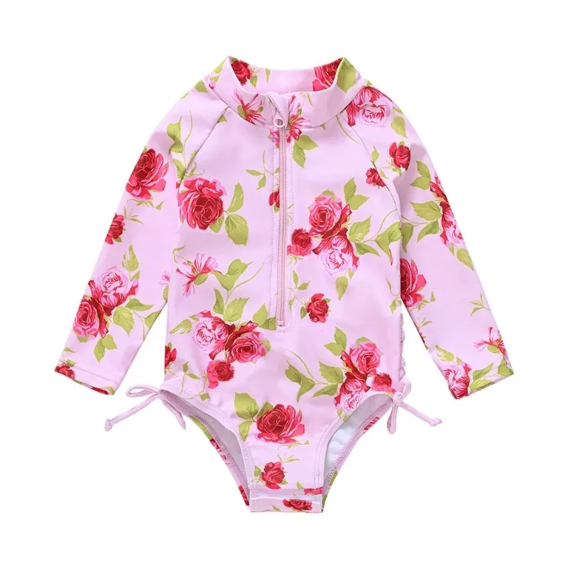 Baby Girl Florals   Patterns Print Long Sleeve One-Piece Swimsuit (5 Designs)