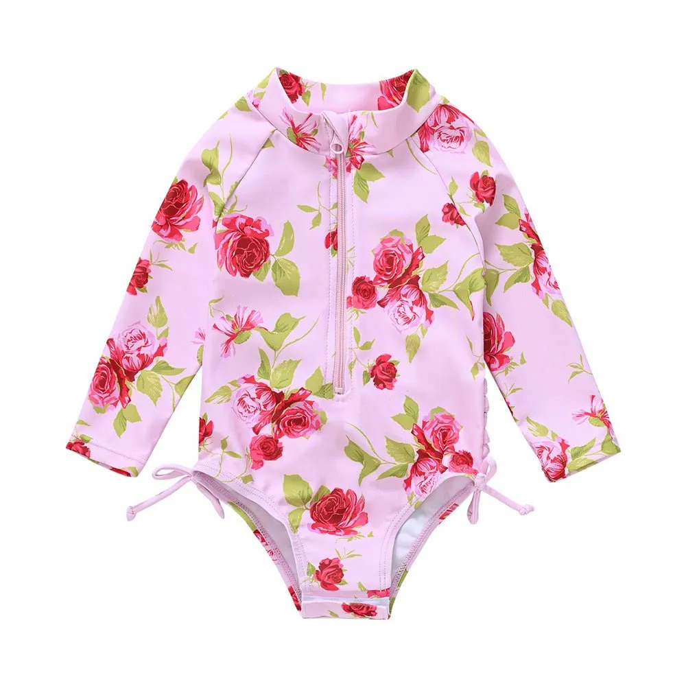 Baby Girl Florals   Patterns Print Long Sleeve One-Piece Swimsuit (5 Designs)