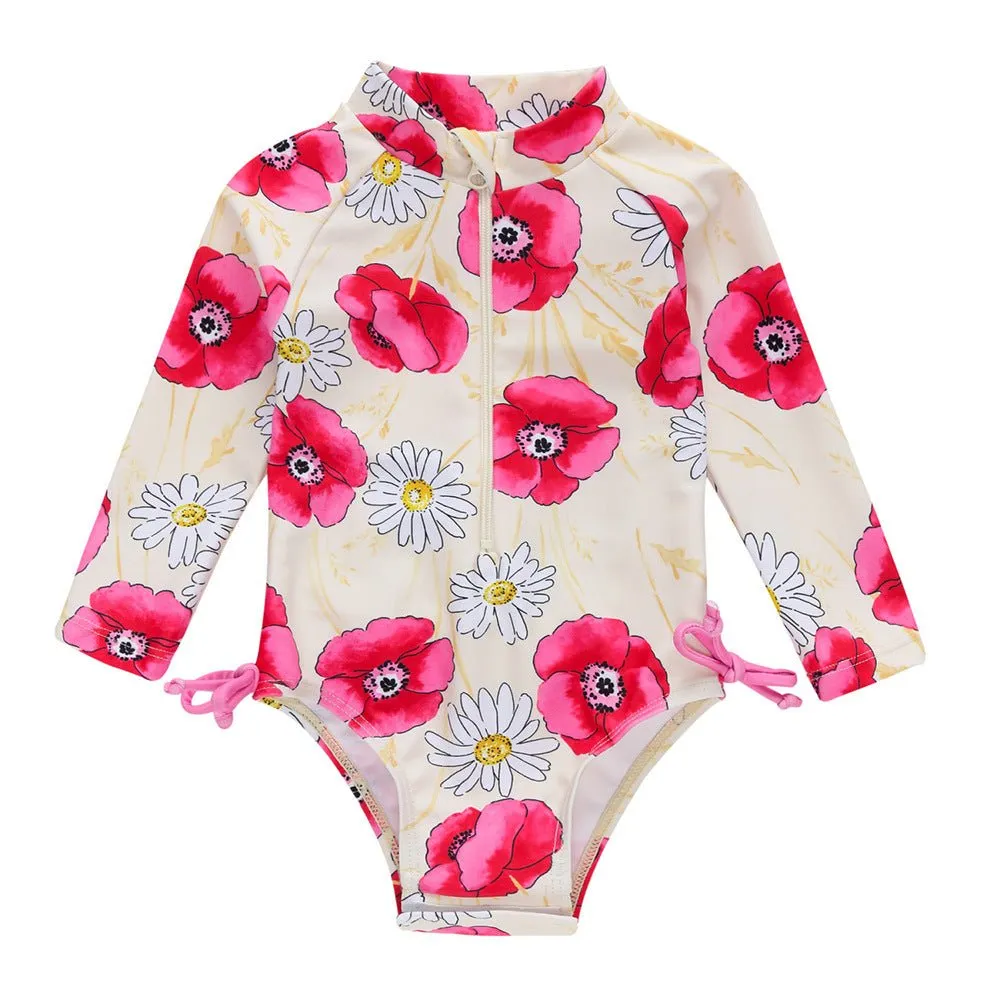 Baby Girl Florals   Patterns Print Long Sleeve One-Piece Swimsuit (5 Designs)