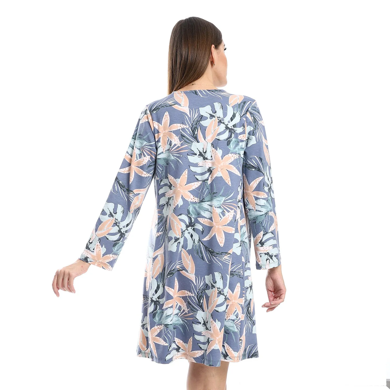Beige Solid Short Nightgown & Colorful Floral Robe Set