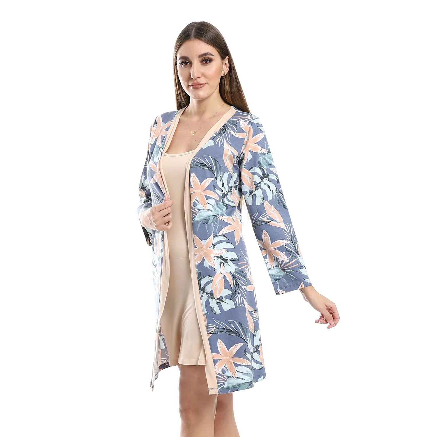 Beige Solid Short Nightgown & Colorful Floral Robe Set
