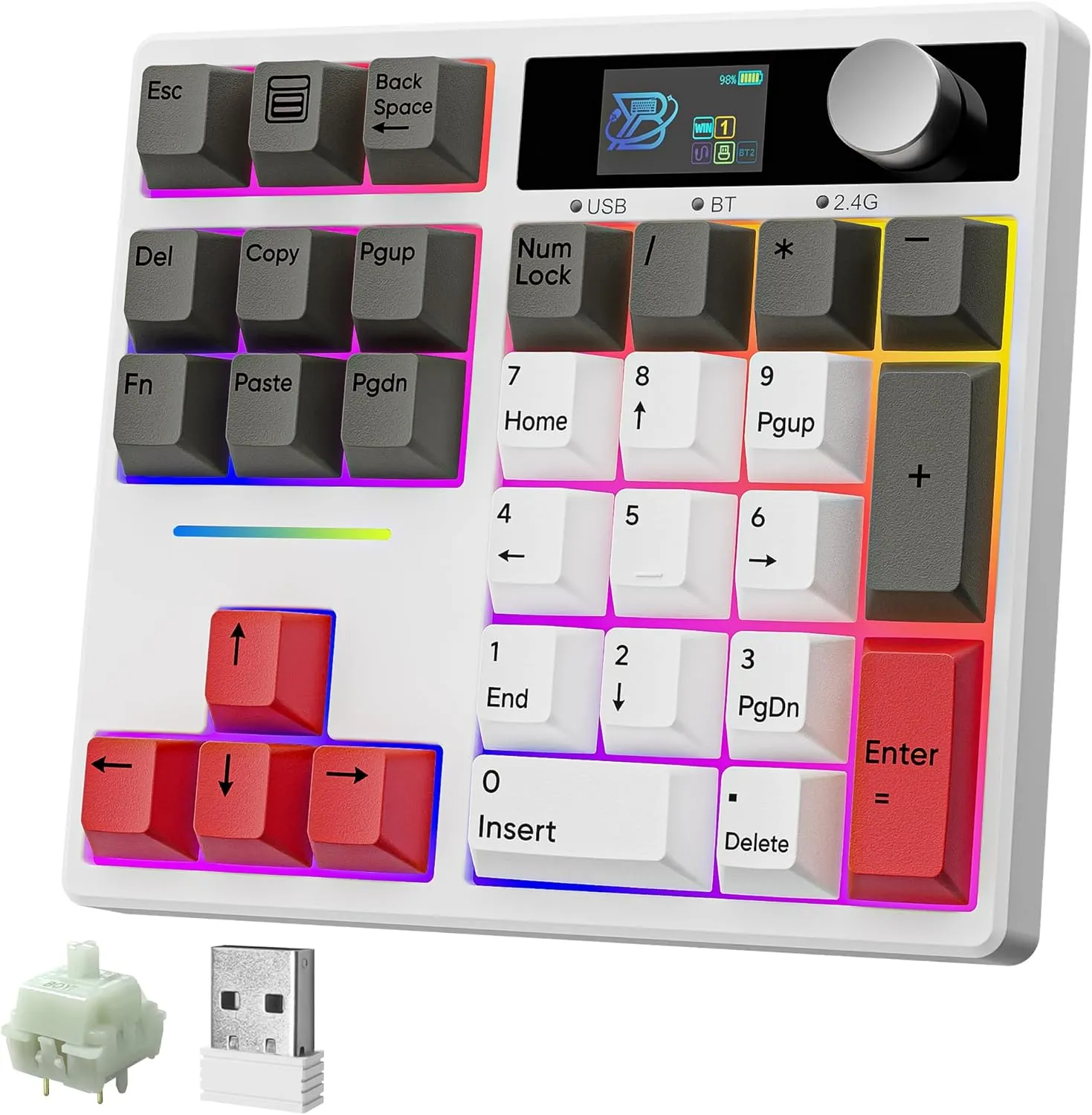 BOYI TD31Pro Mechanical Number Pad,Bluetooth5.0/2.4G/Type-C Wireless Numeric Keypad,RGB HotSwap Numpad with Screen&Knob,PBT Keycaps Rechargeable Gasket Number keypad for Working/Gaming(White-Grey)