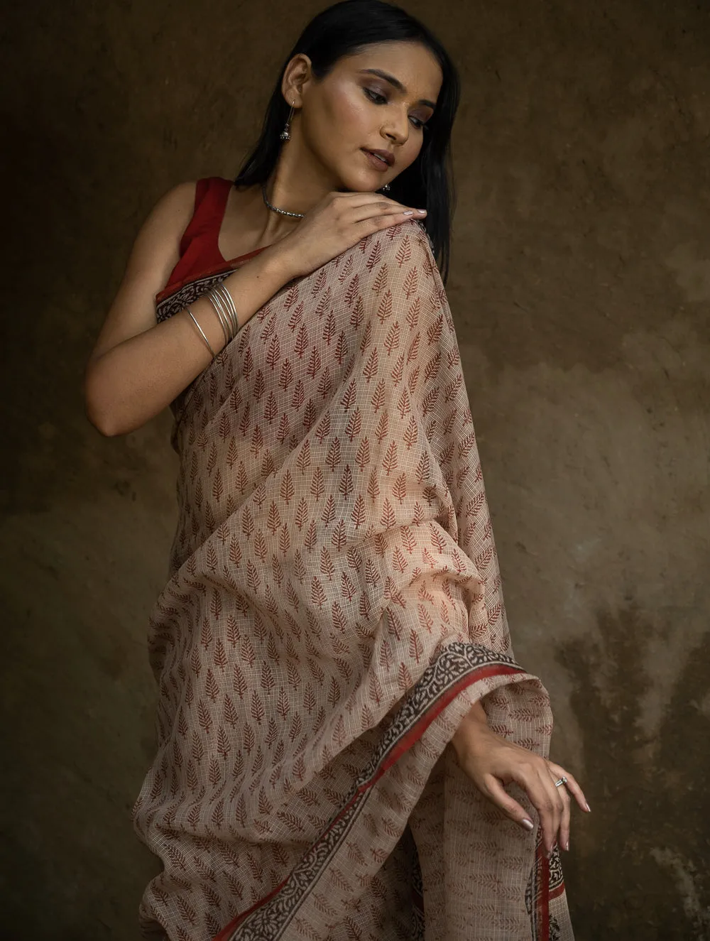 Classic Appeal. Bagru Hand Block Printed Kota Doria Saree - Red Leaf