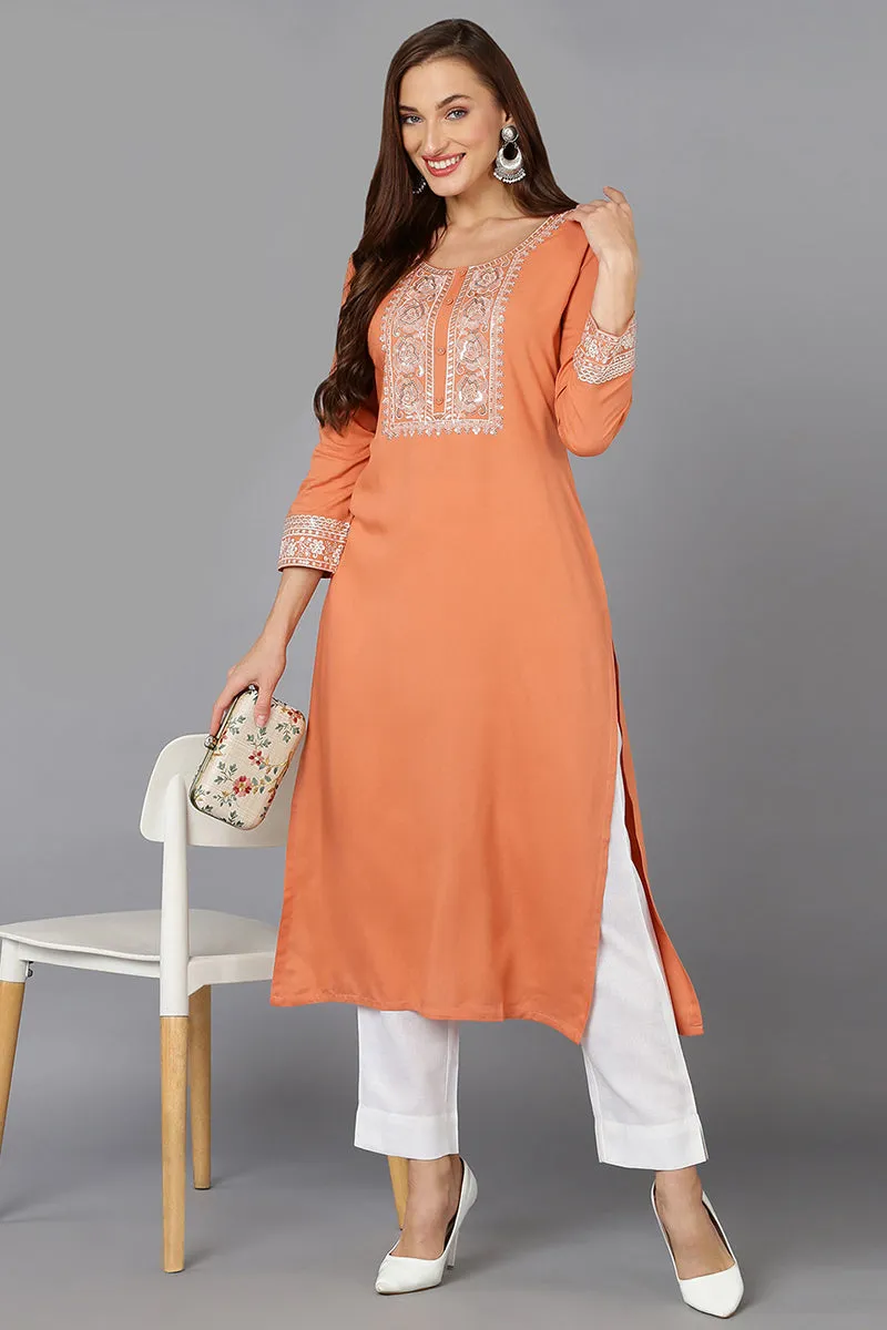Coral Peach Viscose Rayon Embroidered Straight Kurta