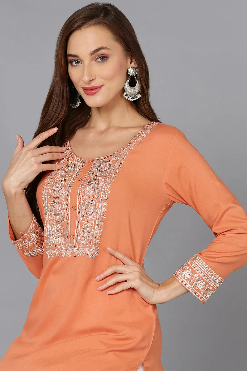 Coral Peach Viscose Rayon Embroidered Straight Kurta