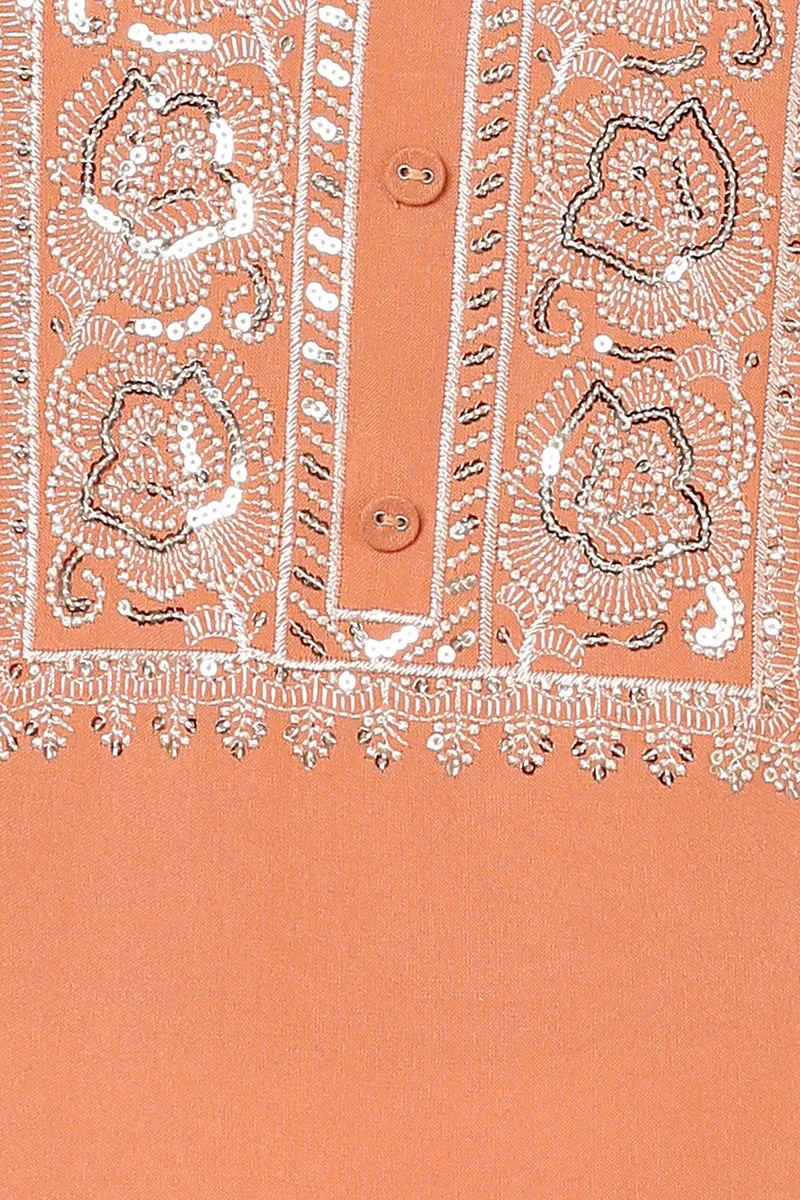 Coral Peach Viscose Rayon Embroidered Straight Kurta