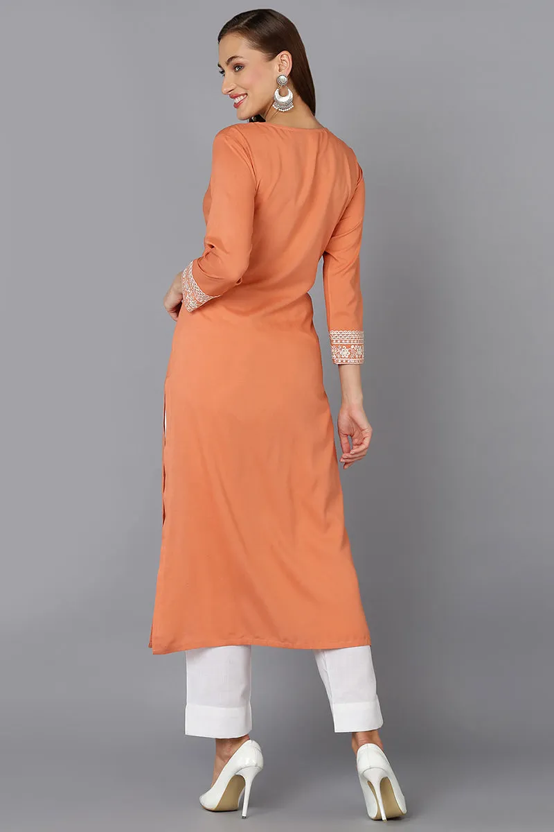 Coral Peach Viscose Rayon Embroidered Straight Kurta