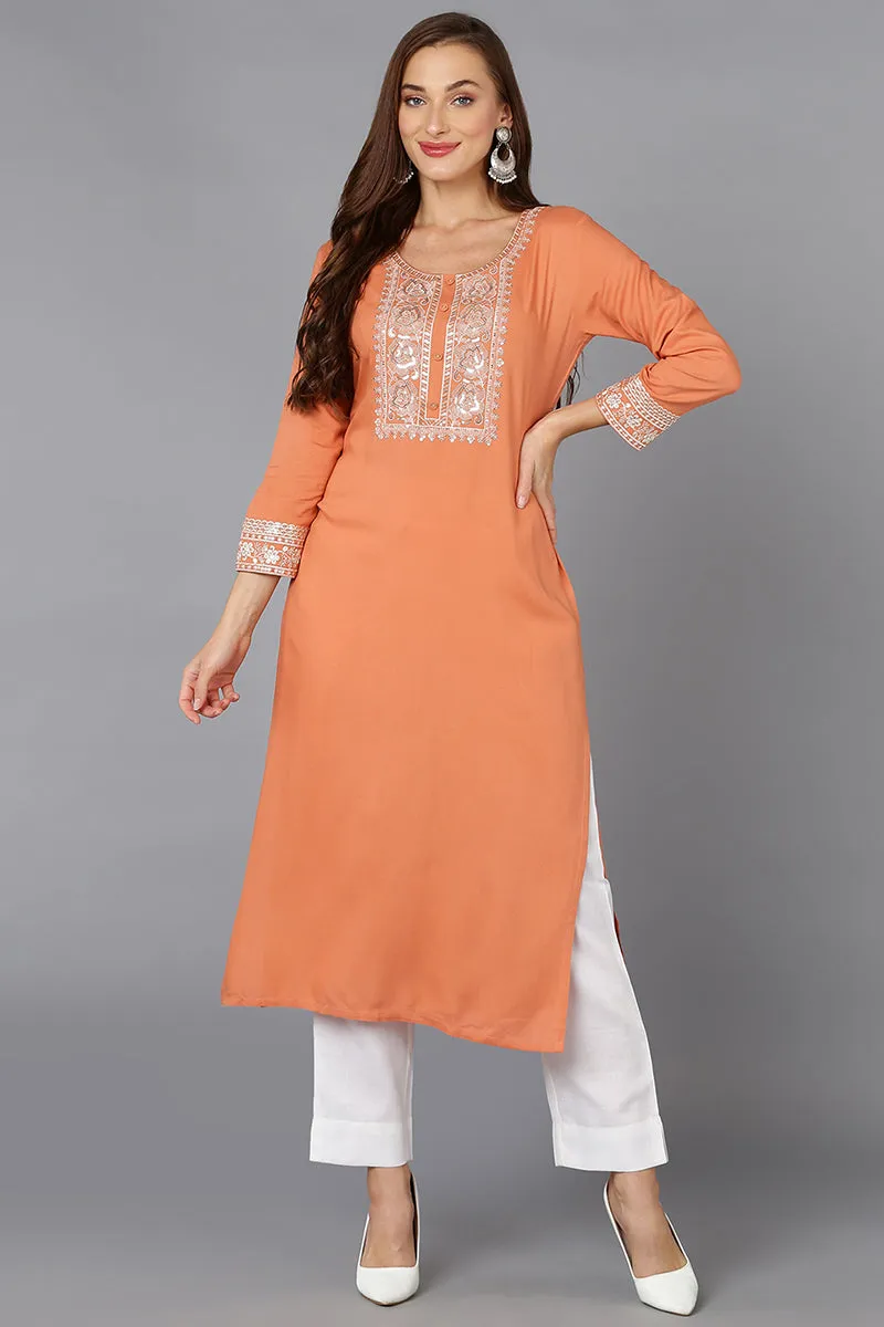 Coral Peach Viscose Rayon Embroidered Straight Kurta