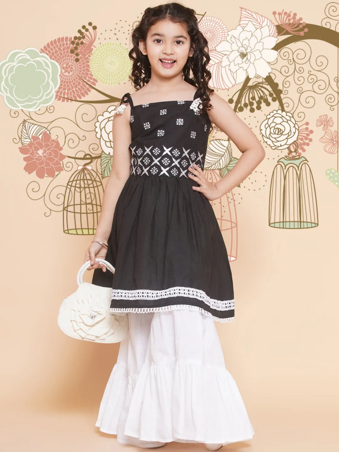 Girls Black Ethnic Motifs Embroidered Kurta With White Sharara