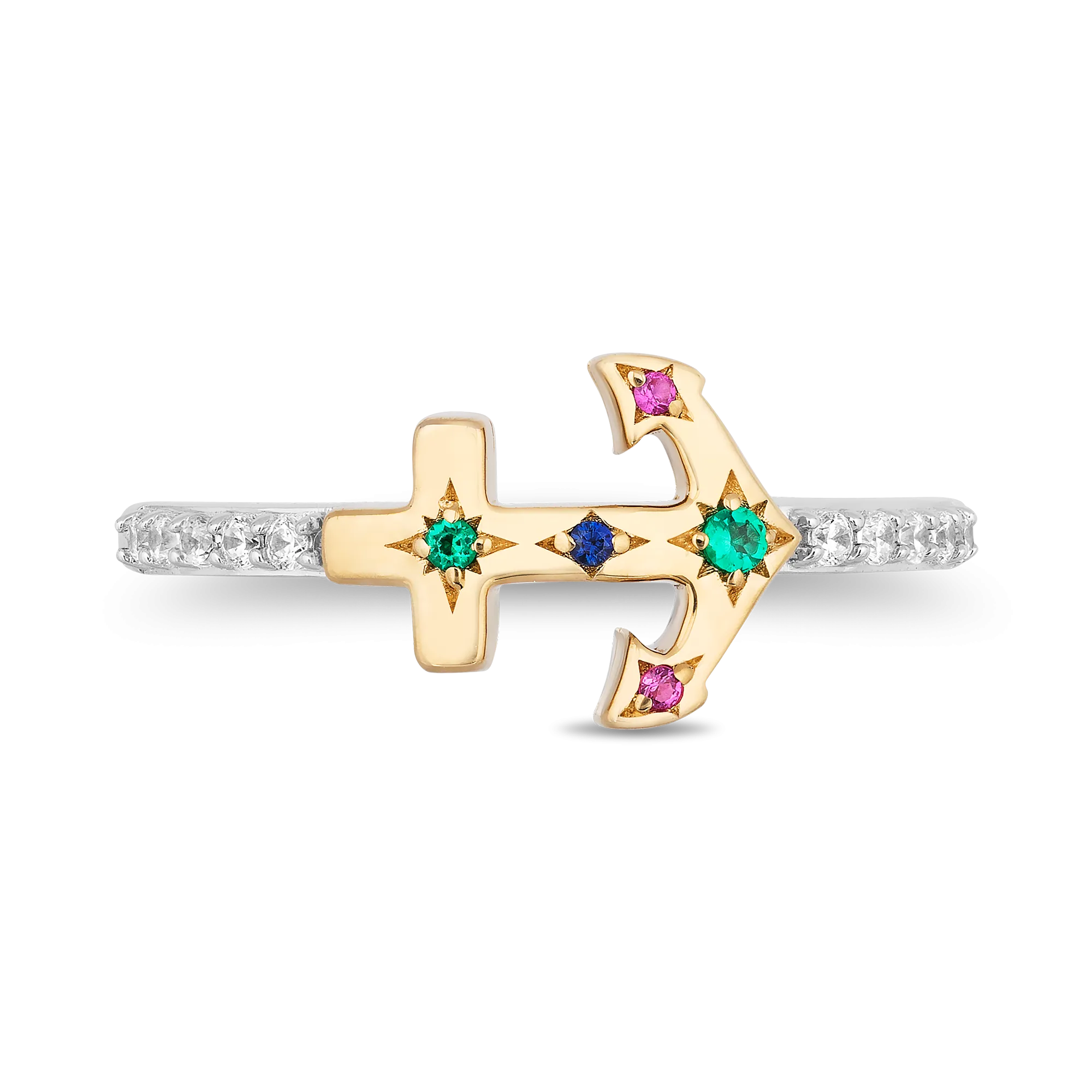 Hallmark Fine Jewelry Rainbow Gemstone Anchor Ring in Sterling Silver & 14K Yellow Gold with Diamonds, Created Ruby, Sapphire, & Emerald