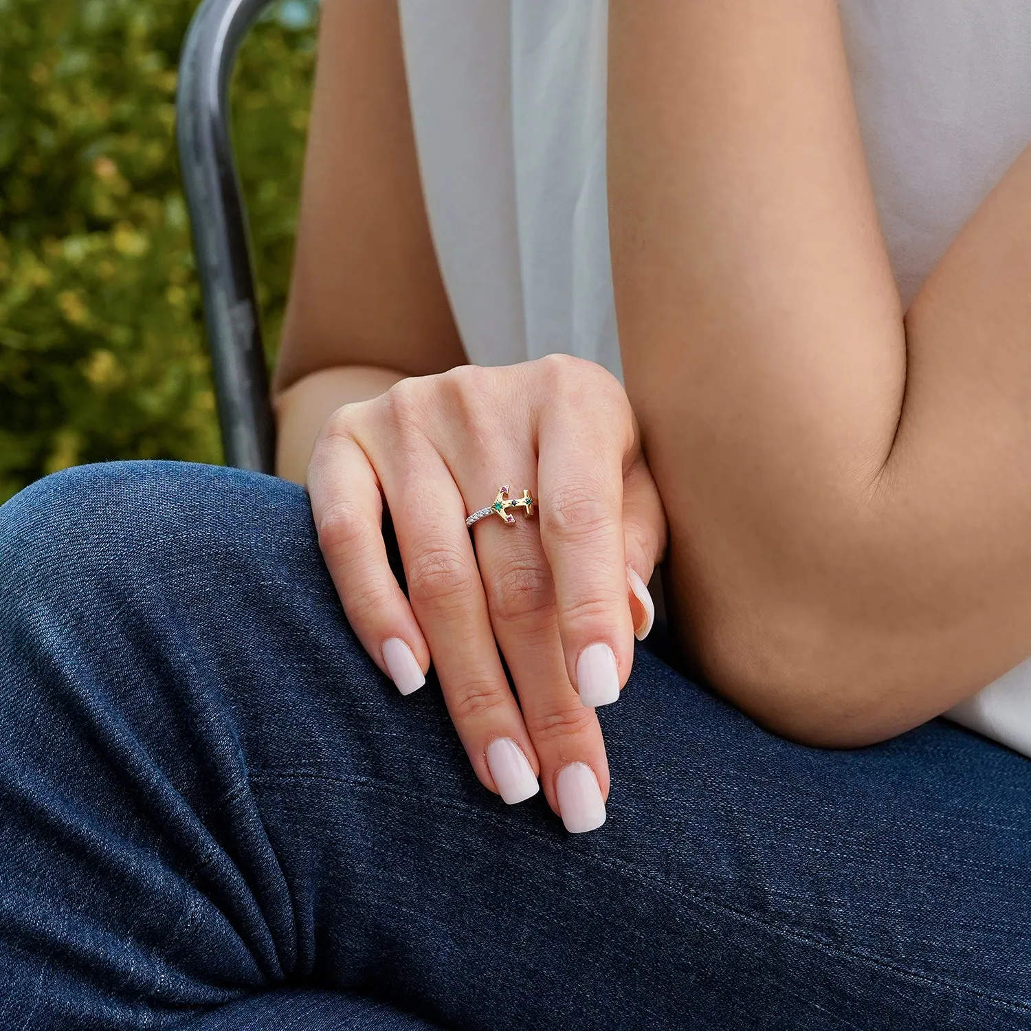 Hallmark Fine Jewelry Rainbow Gemstone Anchor Ring in Sterling Silver & 14K Yellow Gold with Diamonds, Created Ruby, Sapphire, & Emerald