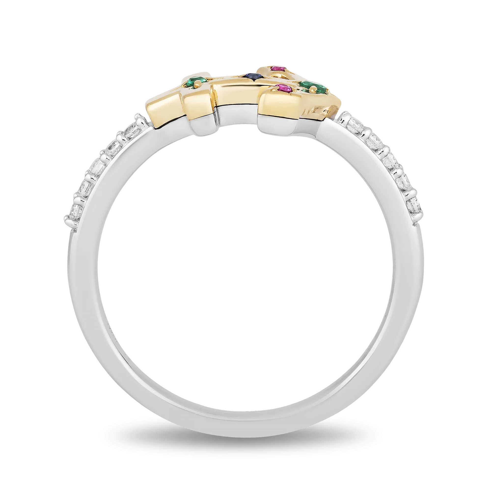 Hallmark Fine Jewelry Rainbow Gemstone Anchor Ring in Sterling Silver & 14K Yellow Gold with Diamonds, Created Ruby, Sapphire, & Emerald