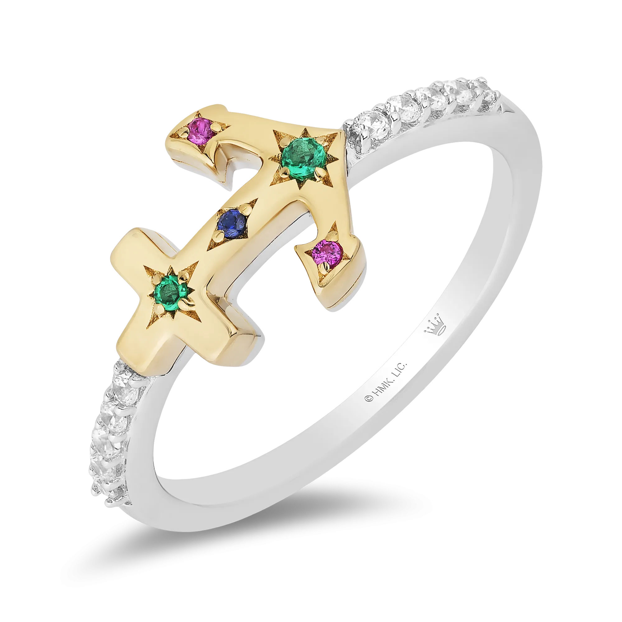 Hallmark Fine Jewelry Rainbow Gemstone Anchor Ring in Sterling Silver & 14K Yellow Gold with Diamonds, Created Ruby, Sapphire, & Emerald
