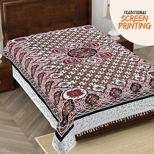 Hashcart Single Size Bed Cotton Printed Bedsheet Colorful with Tassels