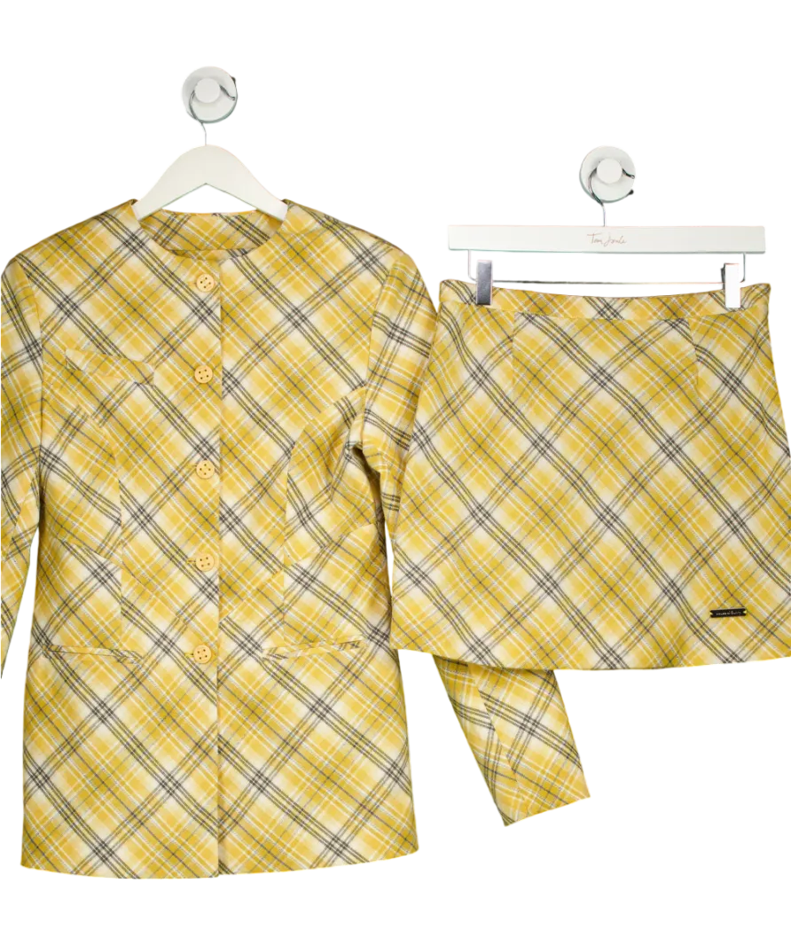 HOUSE OF SUNNY 2-piece Yellow Check-print Round-neck Slim-fit Woven-blend Blazer And Mini Skirt UK 8