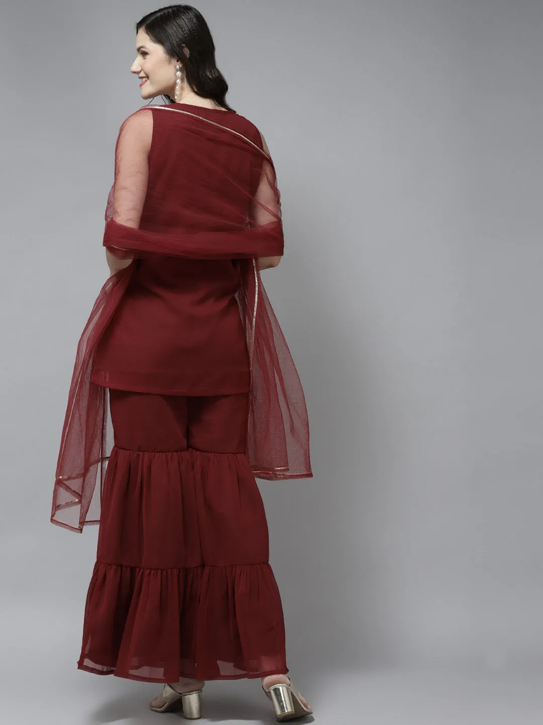 Maroon Embroidered Kurta With Sharara With Dupatta