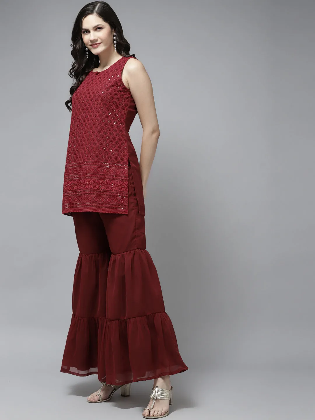 Maroon Embroidered Kurta With Sharara With Dupatta