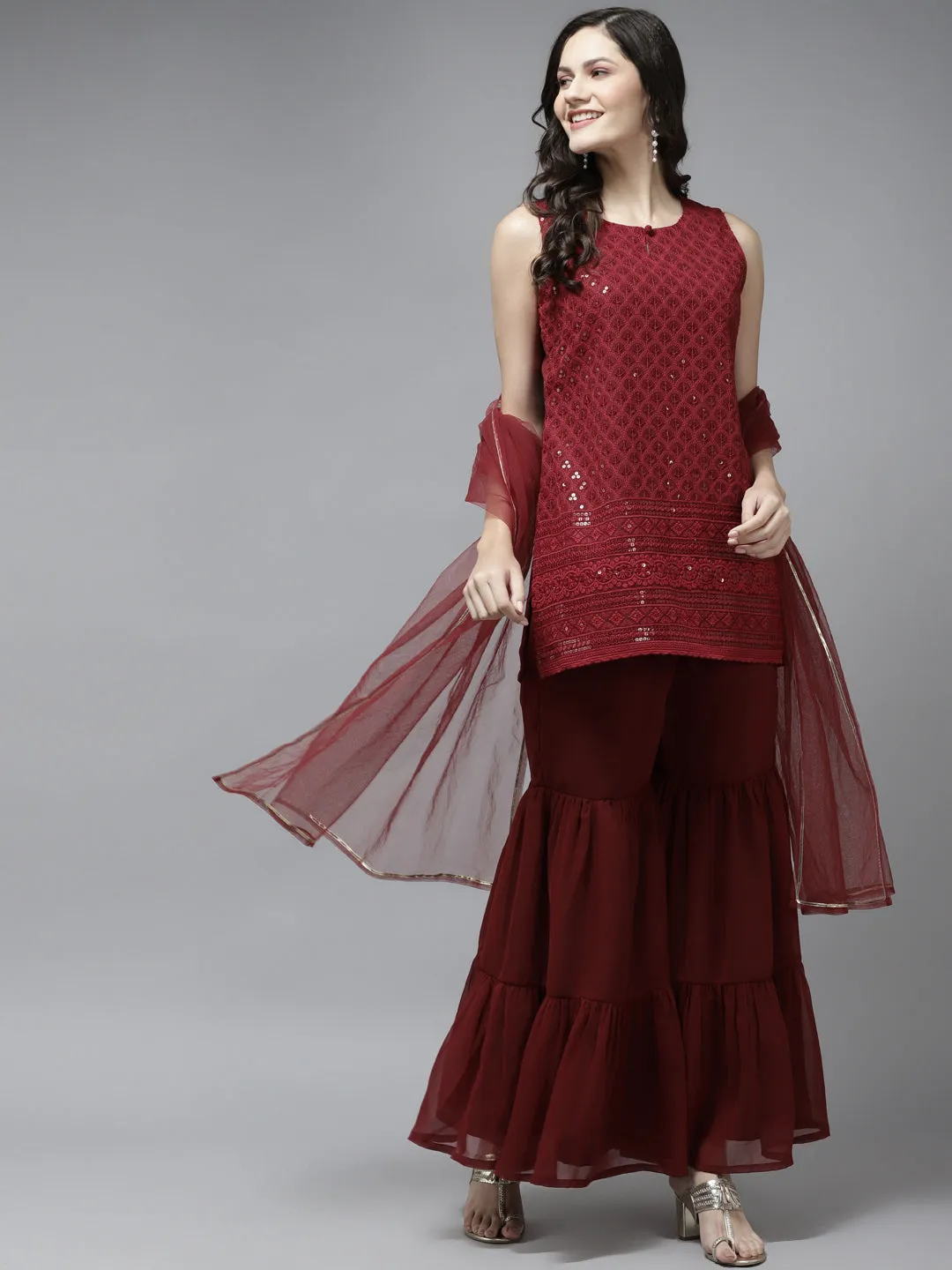 Maroon Embroidered Kurta With Sharara With Dupatta