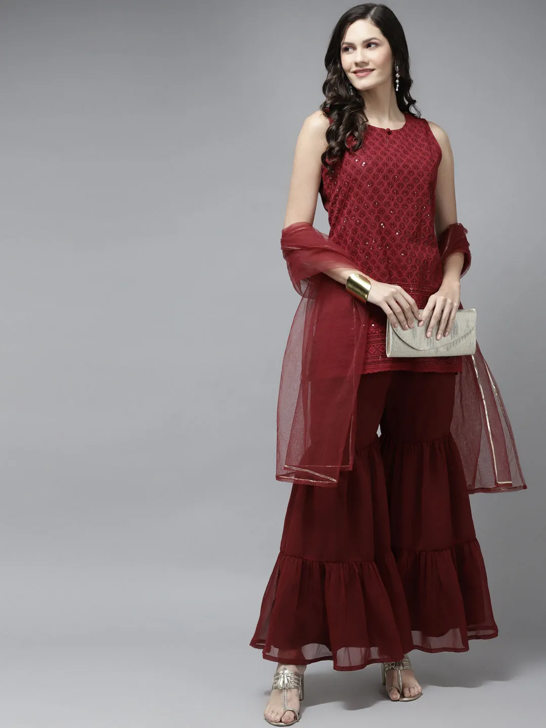 Maroon Embroidered Kurta With Sharara With Dupatta