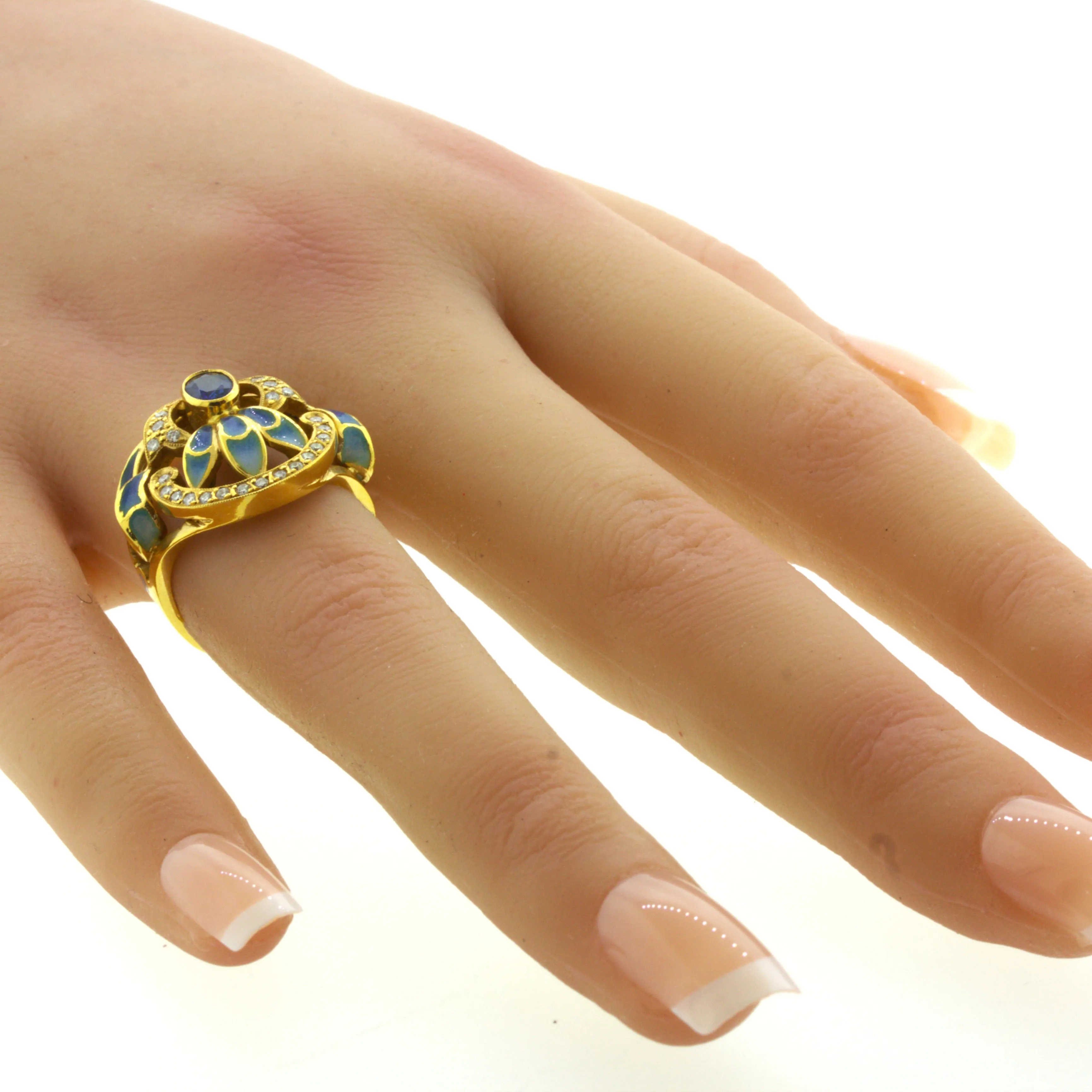 Masriera Diamond Sapphire Enamel 18K Yellow Gold Ring