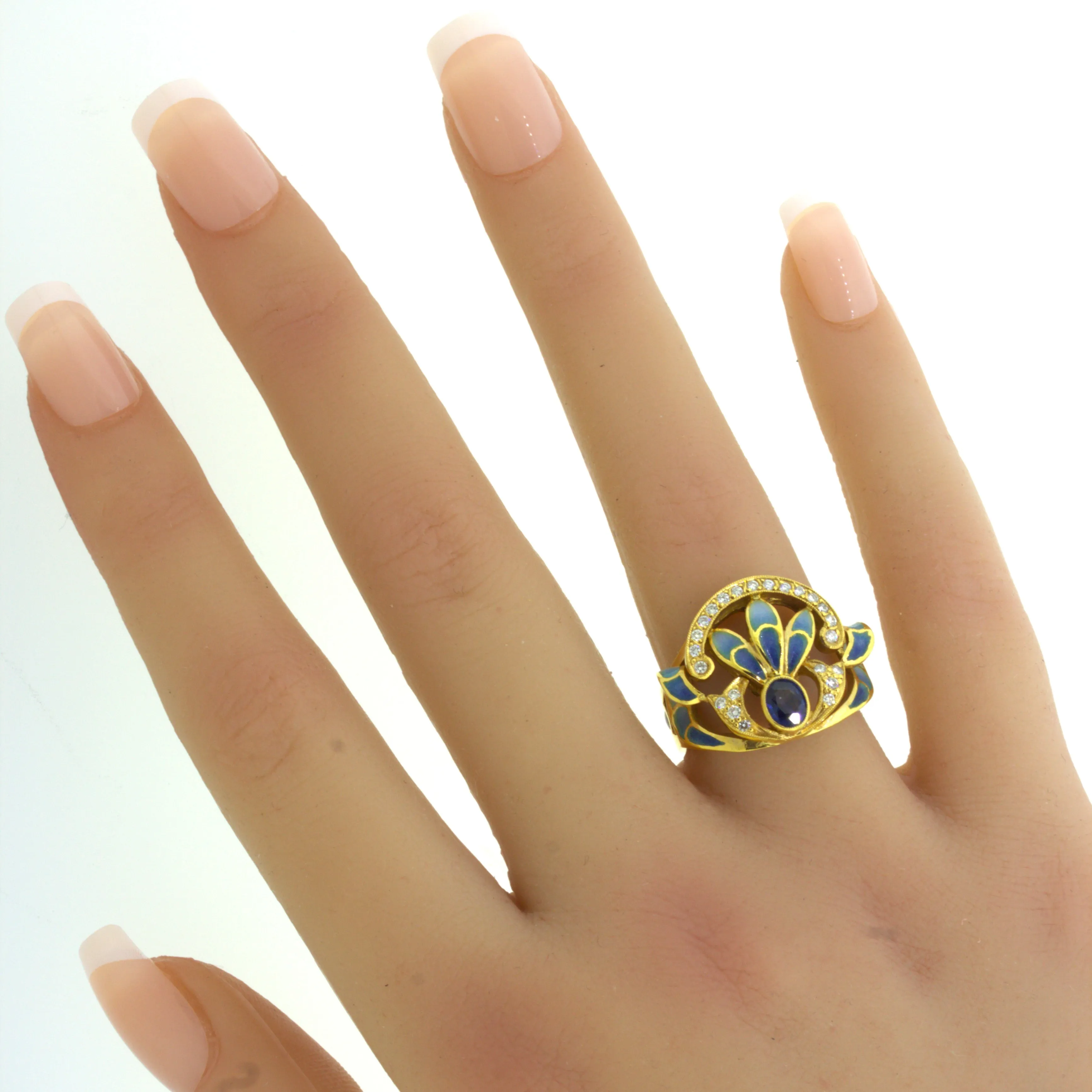 Masriera Diamond Sapphire Enamel 18K Yellow Gold Ring