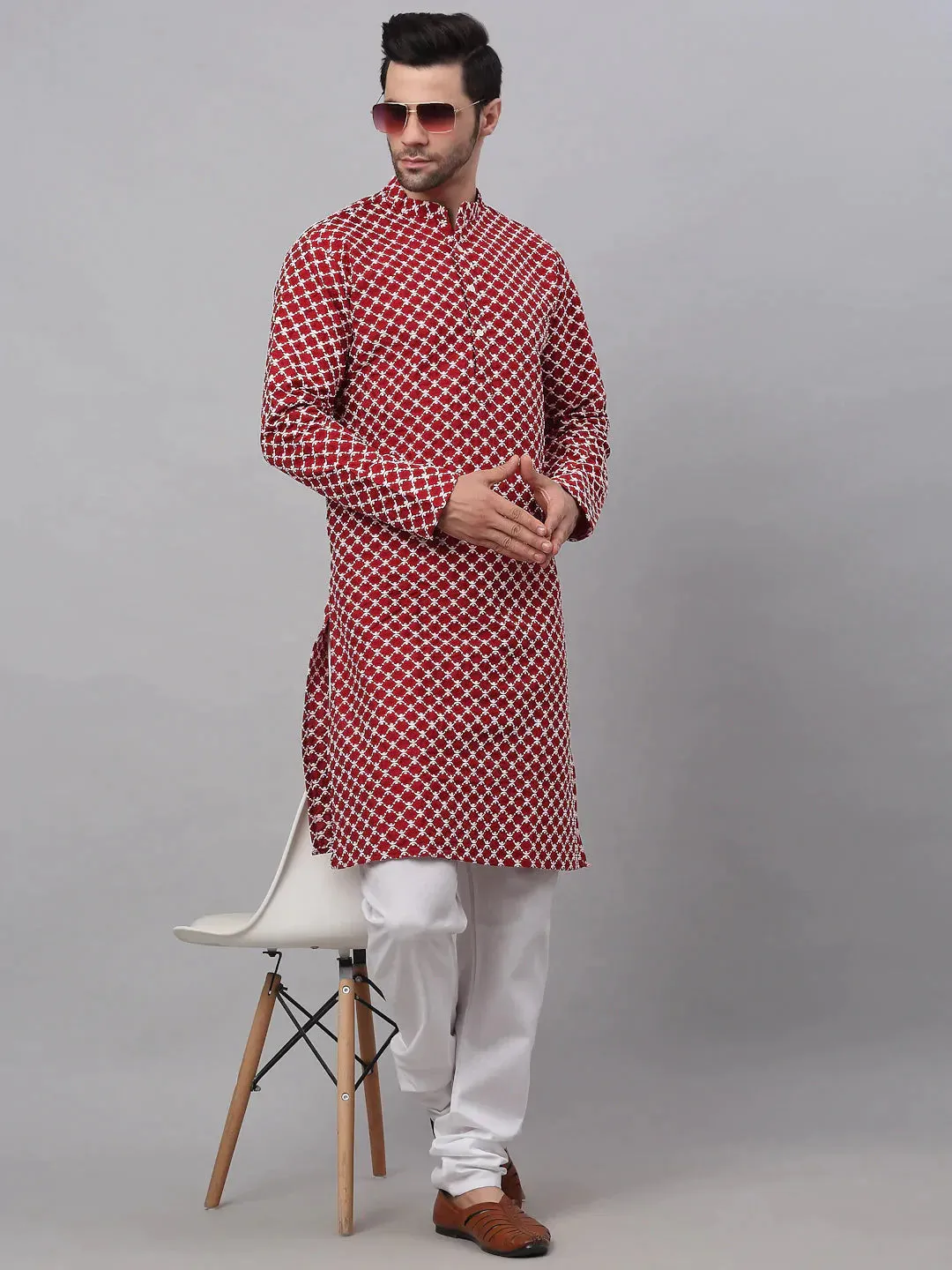 Men Maroon Chikankari Kurta Only