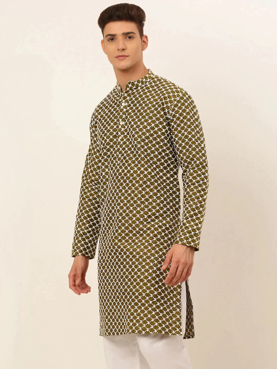 Men Olive Green Chikankari Kurta Only
