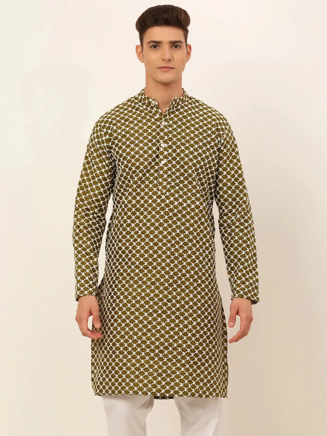 Men Olive Green Chikankari Kurta Only