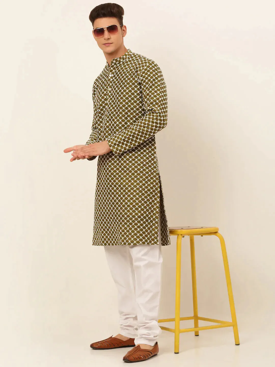 Men Olive Green Chikankari Kurta Only