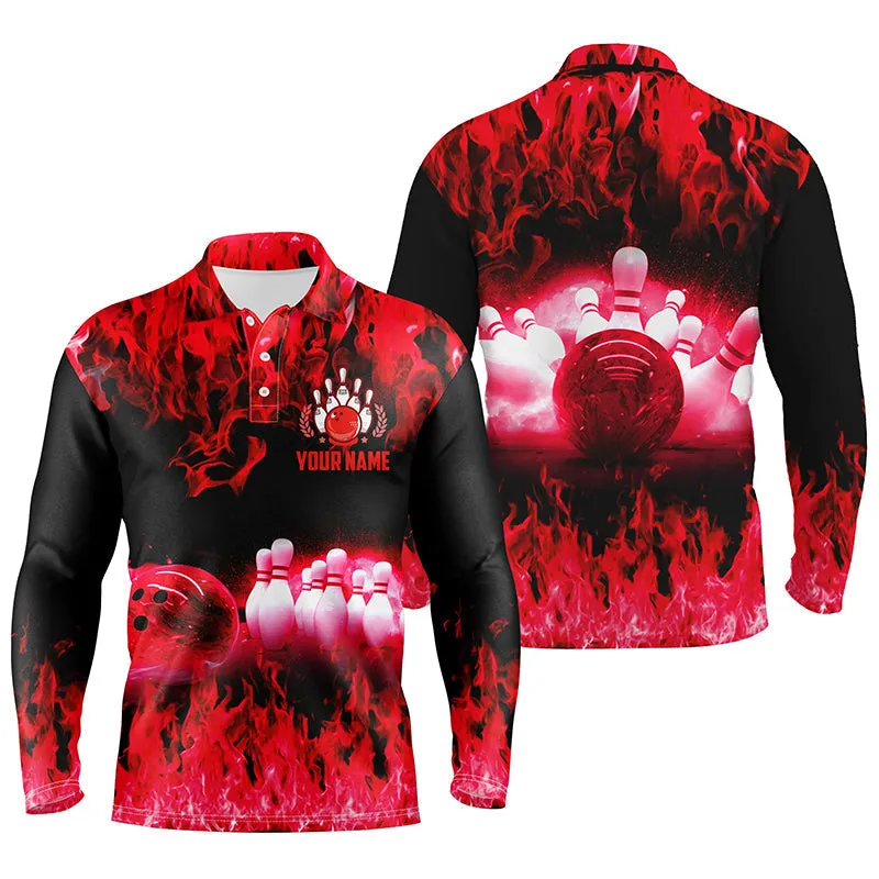 Multicolor Flame Mens Long Sleeve Polo Bowling Shirts, Personalized Men's Bowling Jerseys, Bowling Team