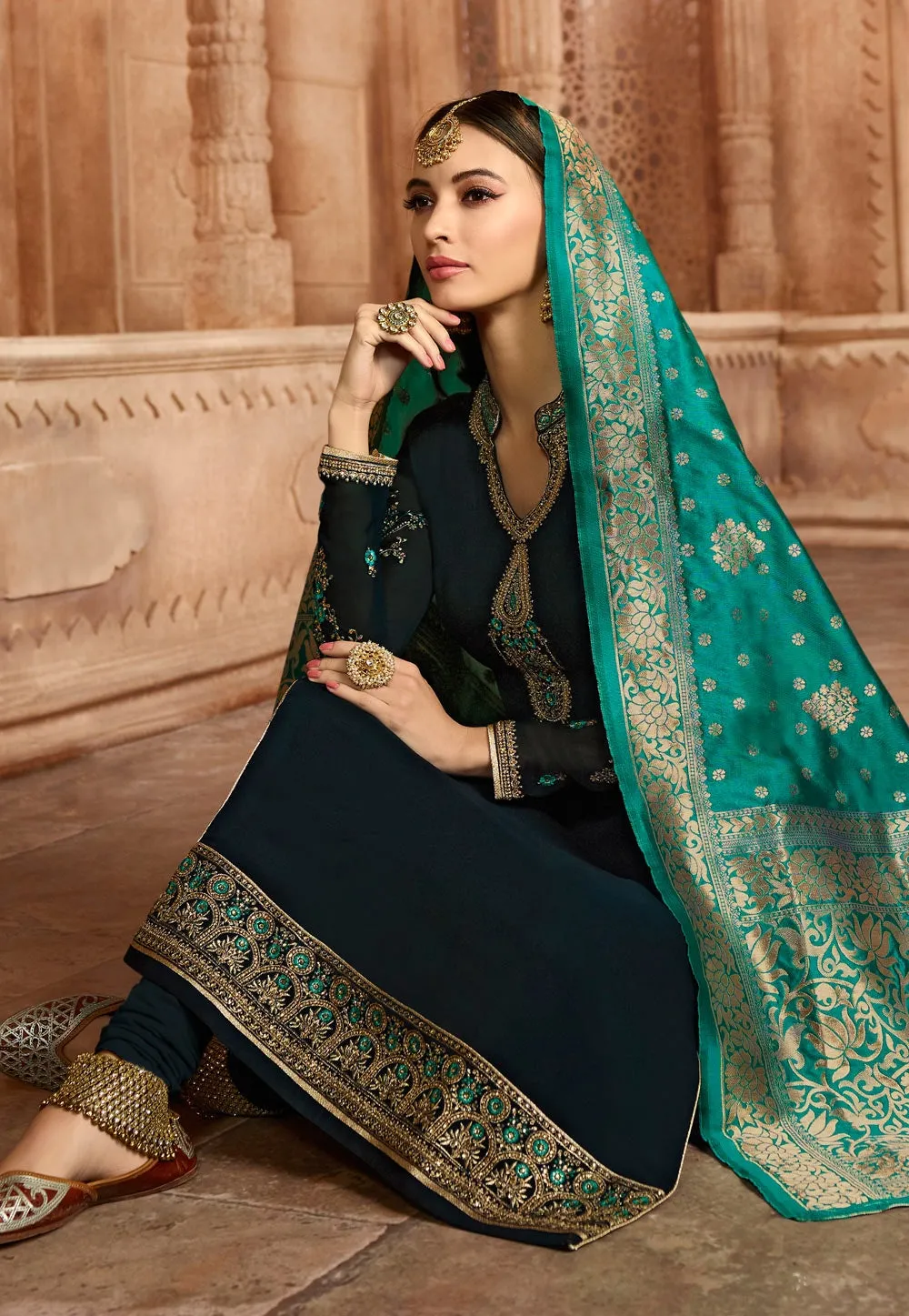 Navy Blue Embroidered Satin Churidar Suit