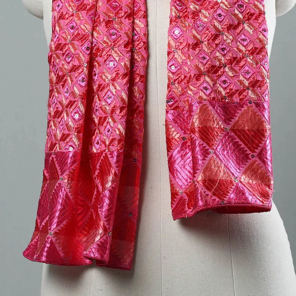 Pink - Phulkari Silk Cotton Embroidered Stole 05