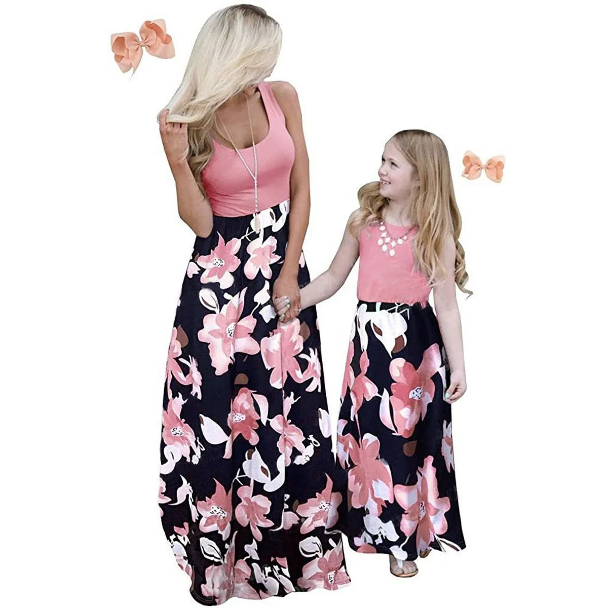 Pink Sleeveless Floral Print Dress for Mom and Me