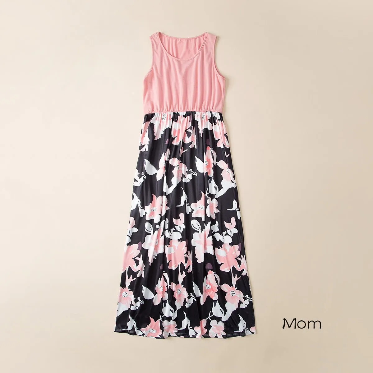 Pink Sleeveless Floral Print Dress for Mom and Me
