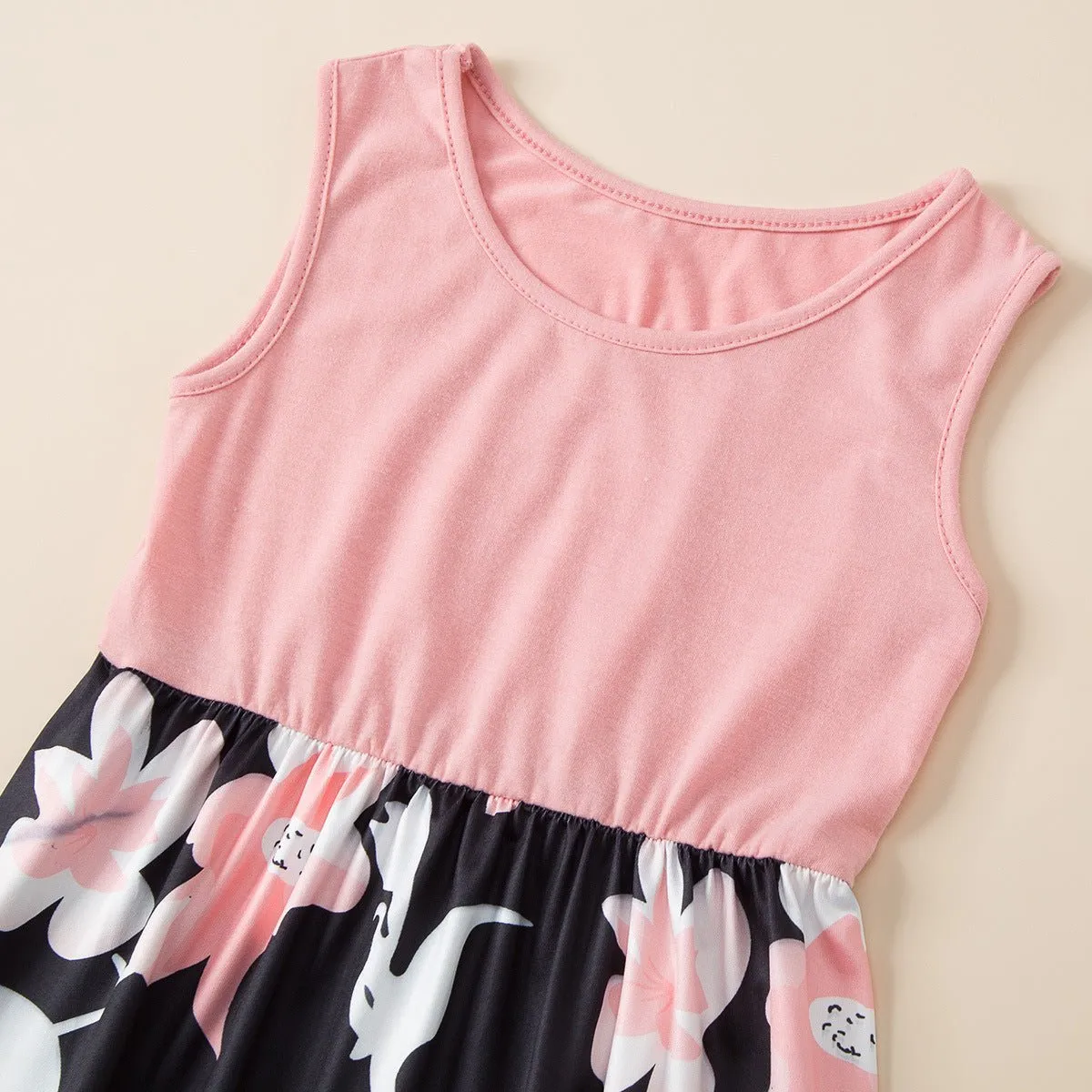 Pink Sleeveless Floral Print Dress for Mom and Me