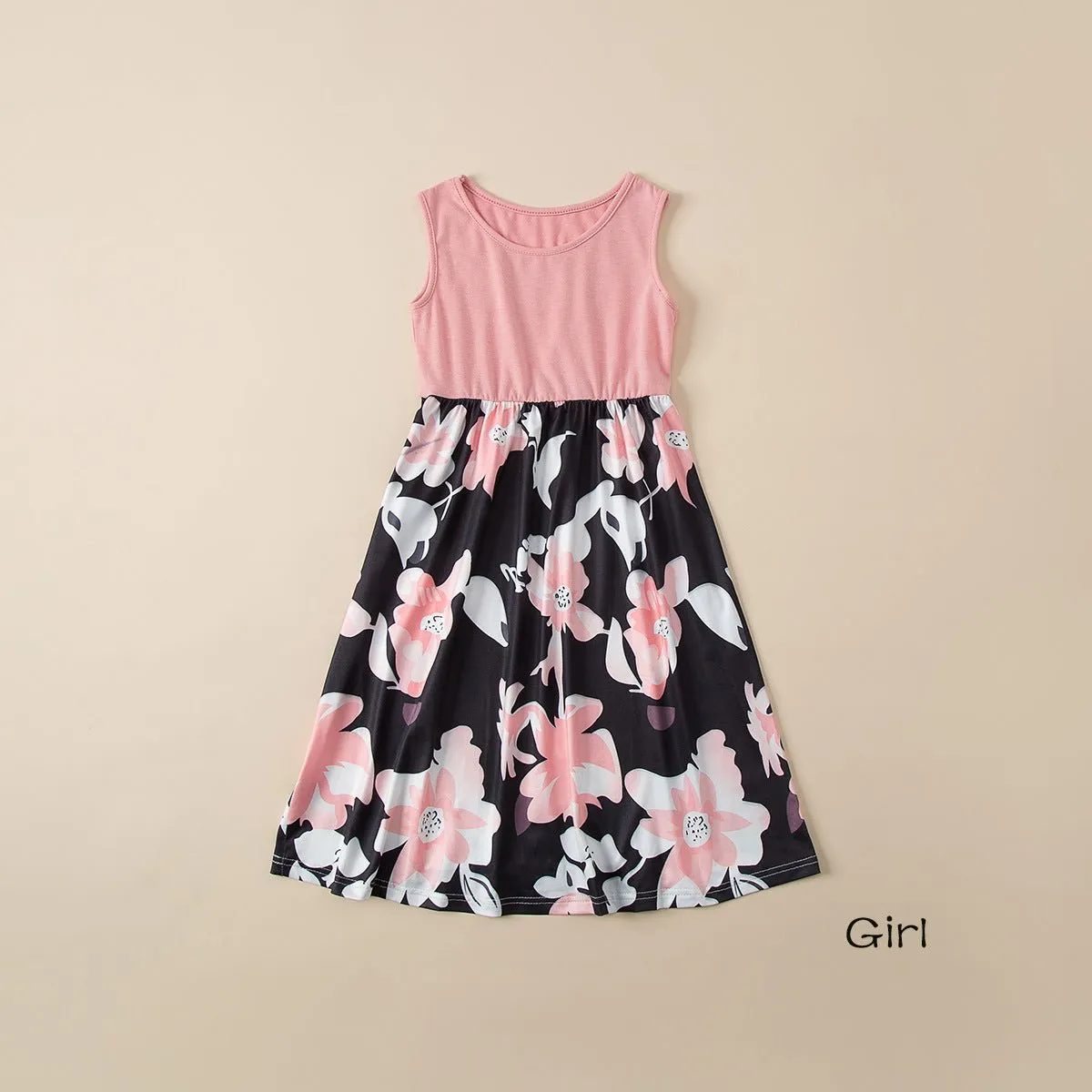 Pink Sleeveless Floral Print Dress for Mom and Me
