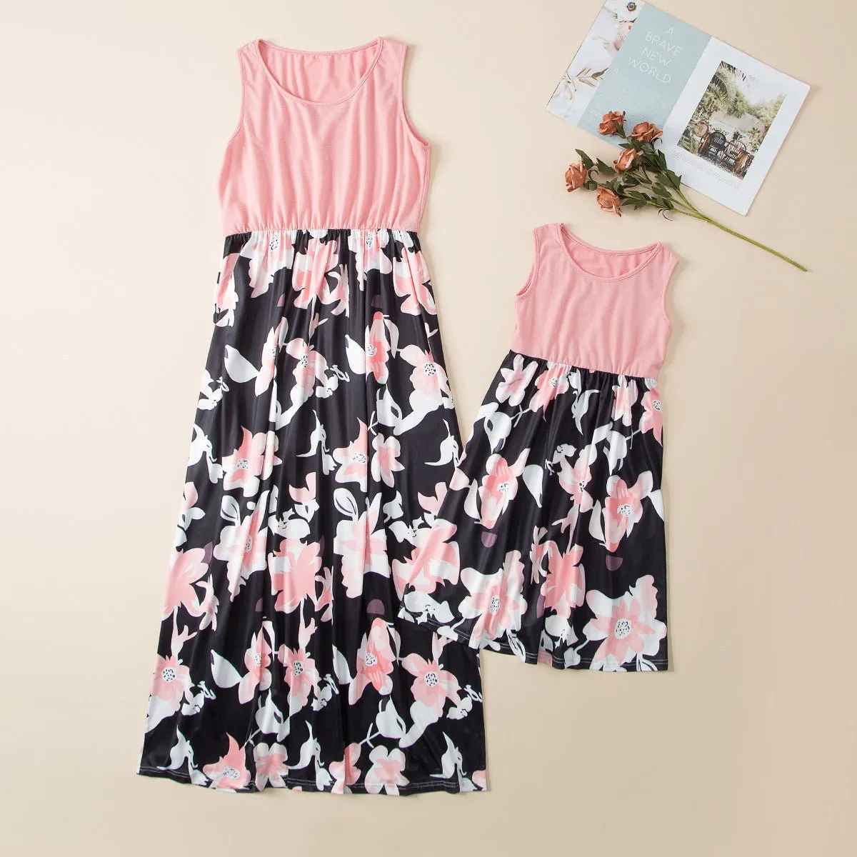 Pink Sleeveless Floral Print Dress for Mom and Me