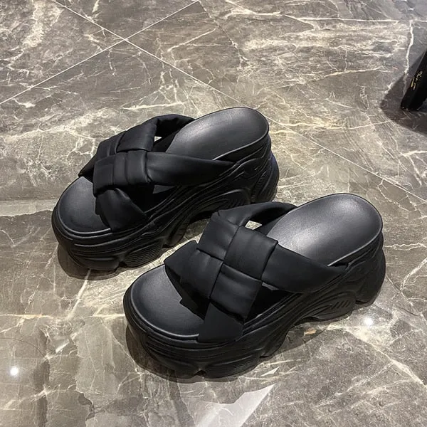 Purpdrank - Shoes House Slippers Platform Slides Slipers Women Heeled Mules Black Sandals Fashion Lady 2023 High Summer Beige Luxury Girl