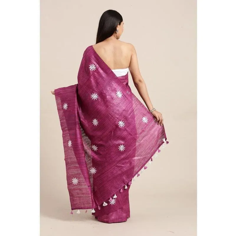 Purple Embroidered Ghiccha Silk Saree