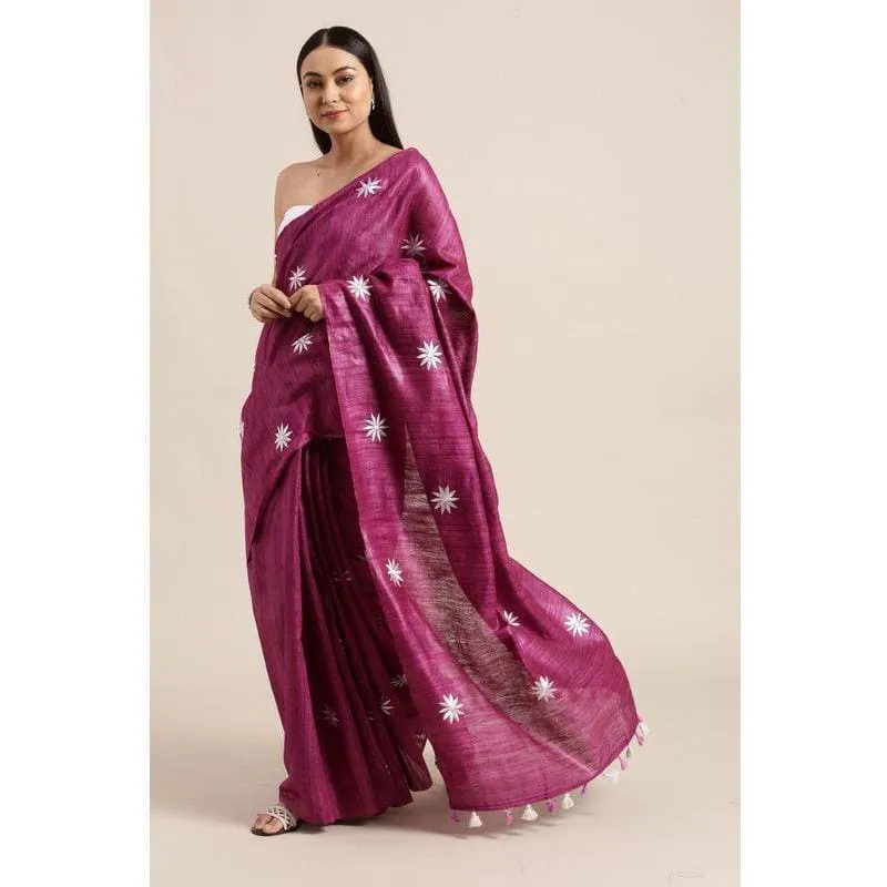 Purple Embroidered Ghiccha Silk Saree