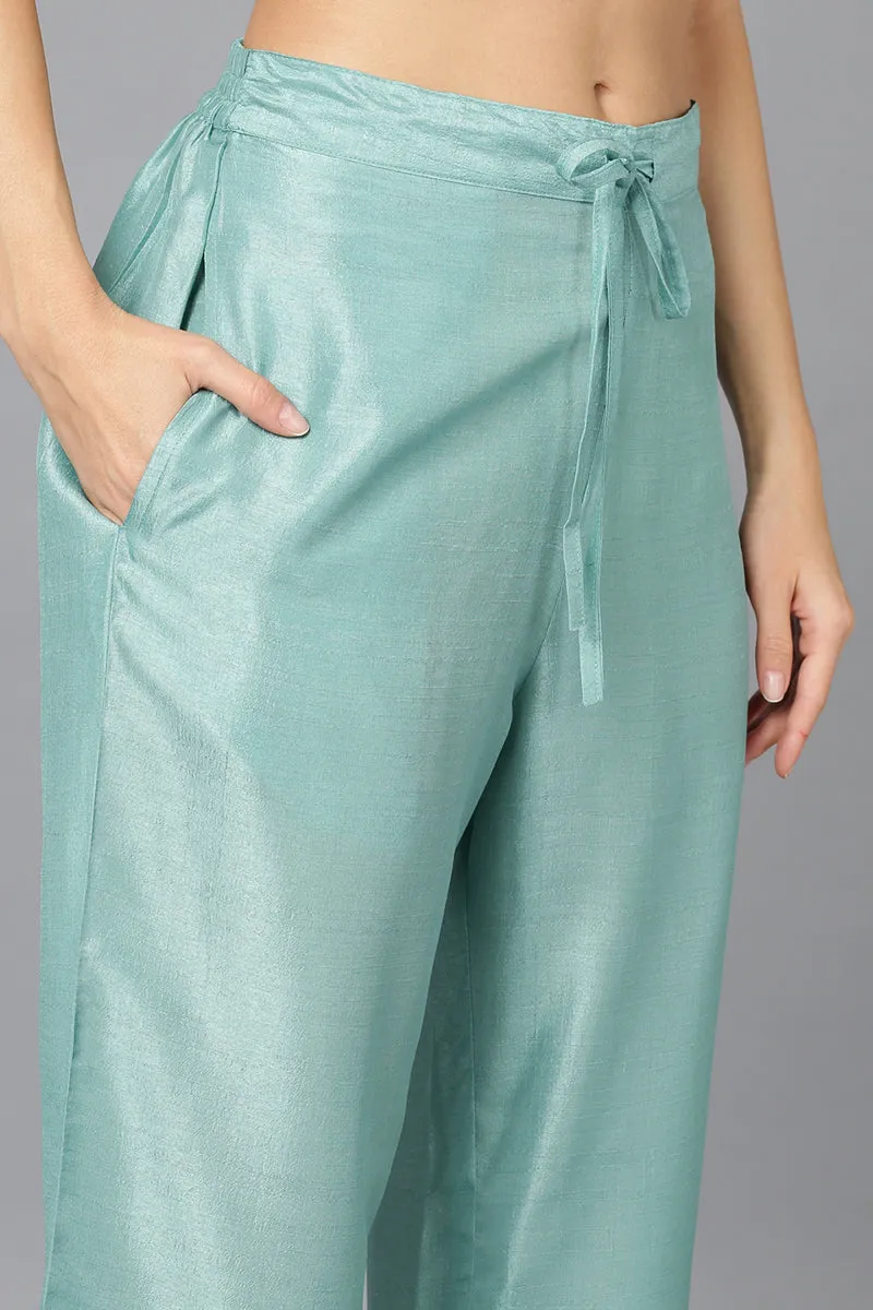 Sea Green Silk Blend Embroidered Straight Suit Set