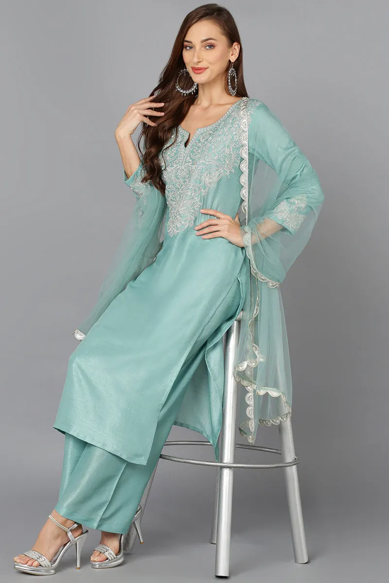 Sea Green Silk Blend Embroidered Straight Suit Set