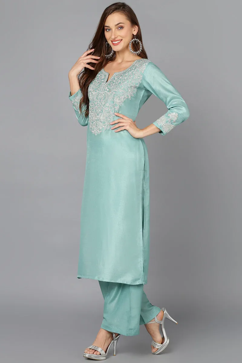 Sea Green Silk Blend Embroidered Straight Suit Set