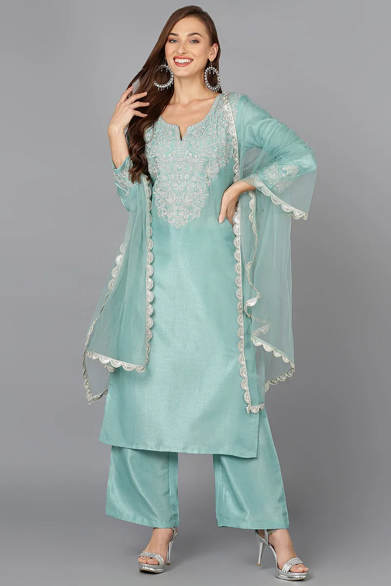 Sea Green Silk Blend Embroidered Straight Suit Set